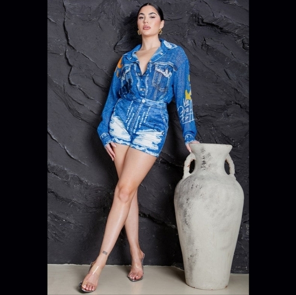 Casual Denim Effect Chiffon Blouse & Short Set Blue - Picture 4 of 16